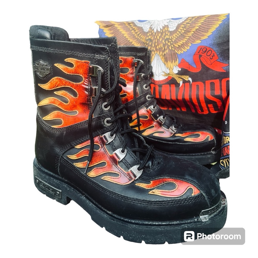 Amazing Vintage Harley Davidson Flame Biker Leather Boots Rare HTF 10.5